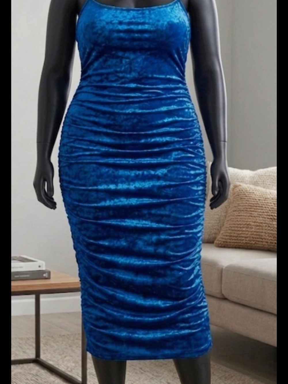 Joe & Elle Cobalt Blue Velvet Ruched Slip Midi Dress 24 inch p2p 36 inch long